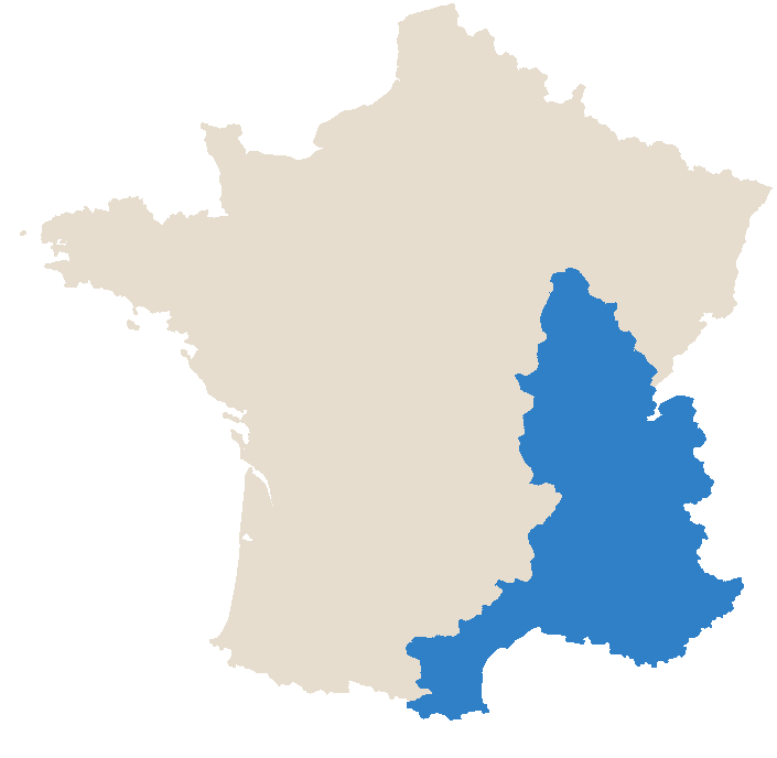 Carte de France indiquant en bleu le quart Sud-Est élargi couvert par PRAGAZ pour la livraison d'azote liquide : Auvergne-Rhône-Alpes, PACA et Languedoc-Roussillon. Le reste de la France métropolitaine est couvert pour le matériel cryogénique et SINTESY by PRAGAZ.